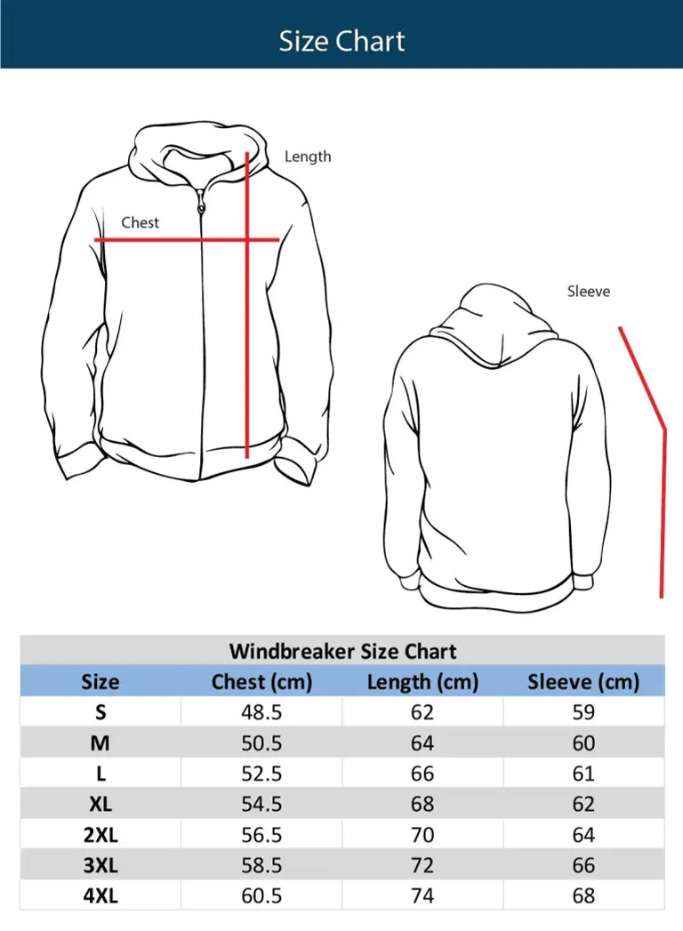 好爸爸服飾滌綸風褸連收納袋 Goodbaba Zipper Hooded Windbreaker with Bag Organizer_Size_Chart